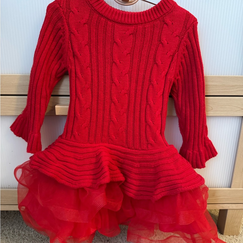 Bonnie Baby Red Cable Knit Dress with Tulle Skirt